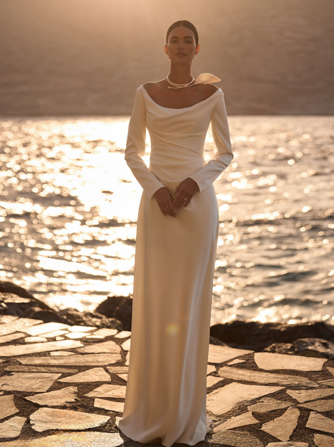 Long-sleeve cowl-neck column; serene international bridal gowns inspiration by the sea. 