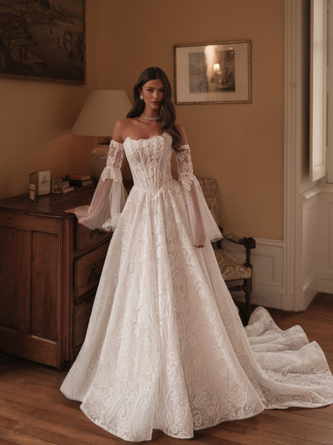  Off-shoulder lace ballgown with corset bodice and bishop sleeves — international bridal gowns fairytale. 