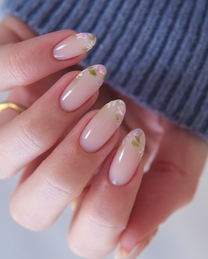 oft pink almond nails with delicate pastel floral tips for spring and garden weddings